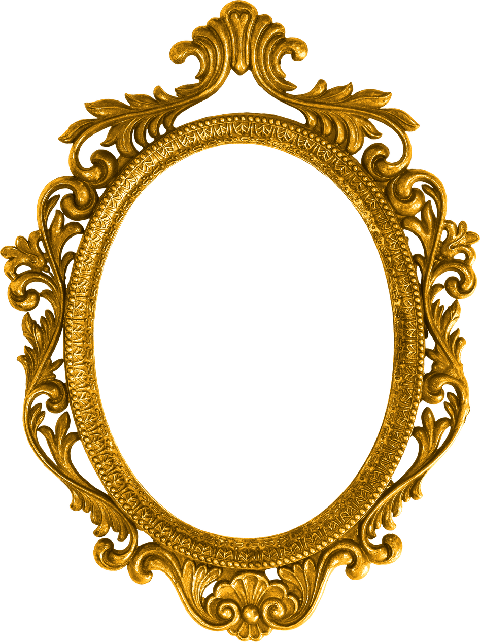 Golden oval baroque style picture frame isolated cutout on transparent